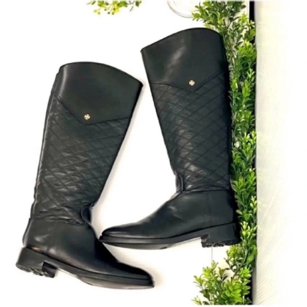 Tory Burch Claremont Black Quilted Leather Riding Boots Size 8